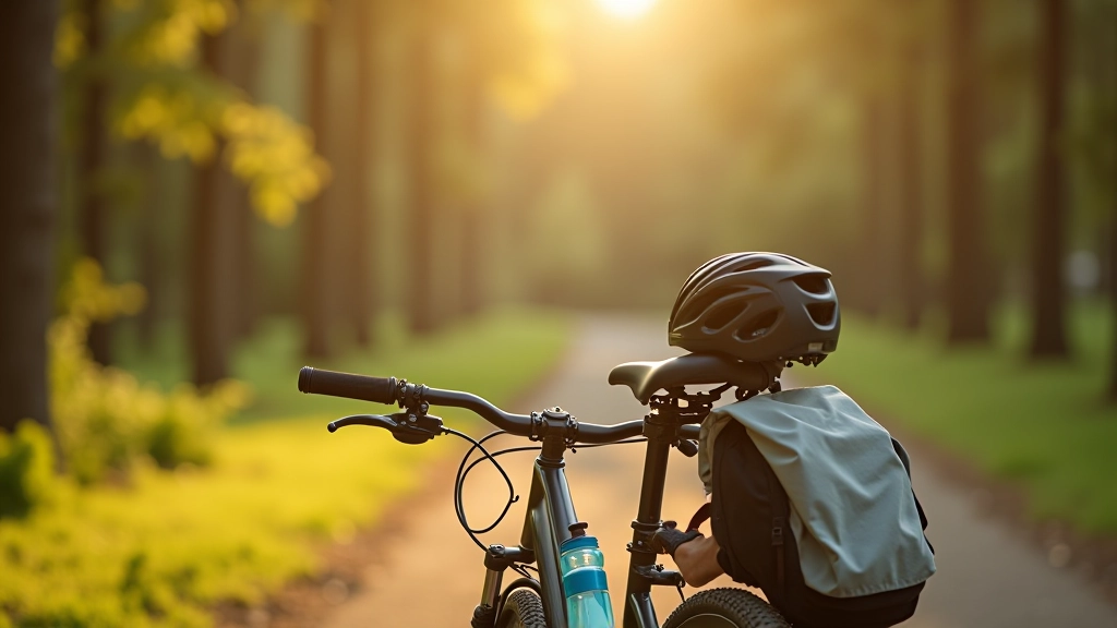 Sagatavots velosipēds ar segu, ūdens pudeli un turpinājumu ceļojumam, lietusmētelim un saulessargu uz sēdekļa