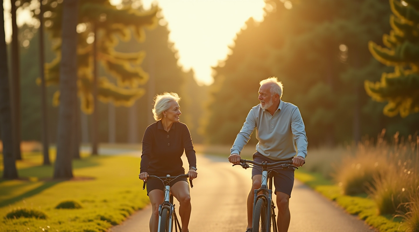 Senioru pāris velosipēdos uz jūras krasta ceļa ar priežu mežu fona